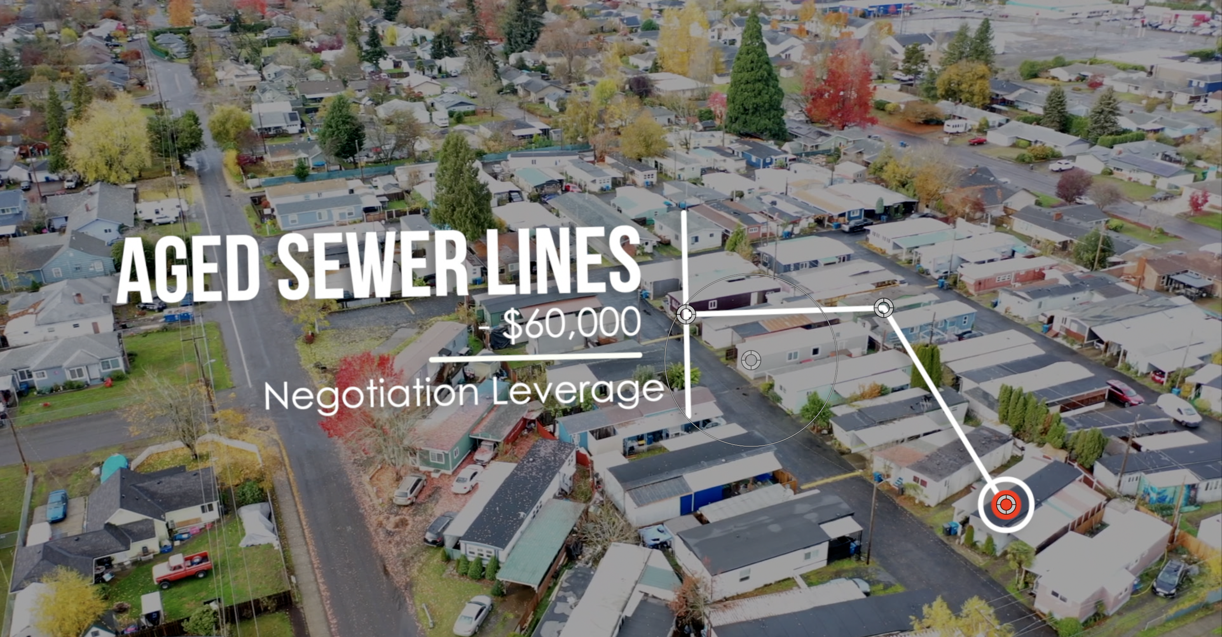 Aerial drone view of a mobile home park with an aged sewer line finding worth $60,000 in negotiation leverage