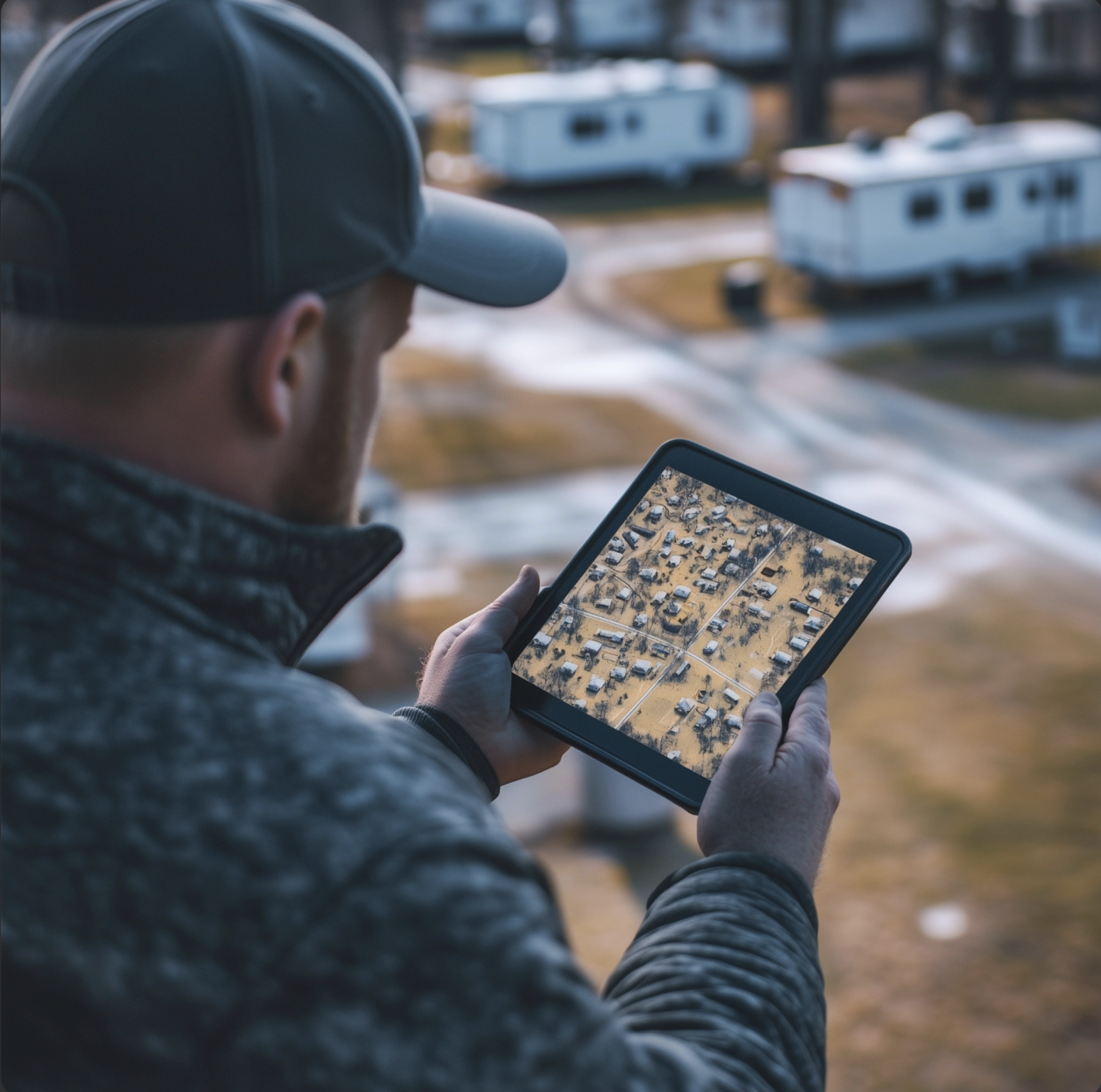 Inspector reviewing an aerial park map on a tablet onsite